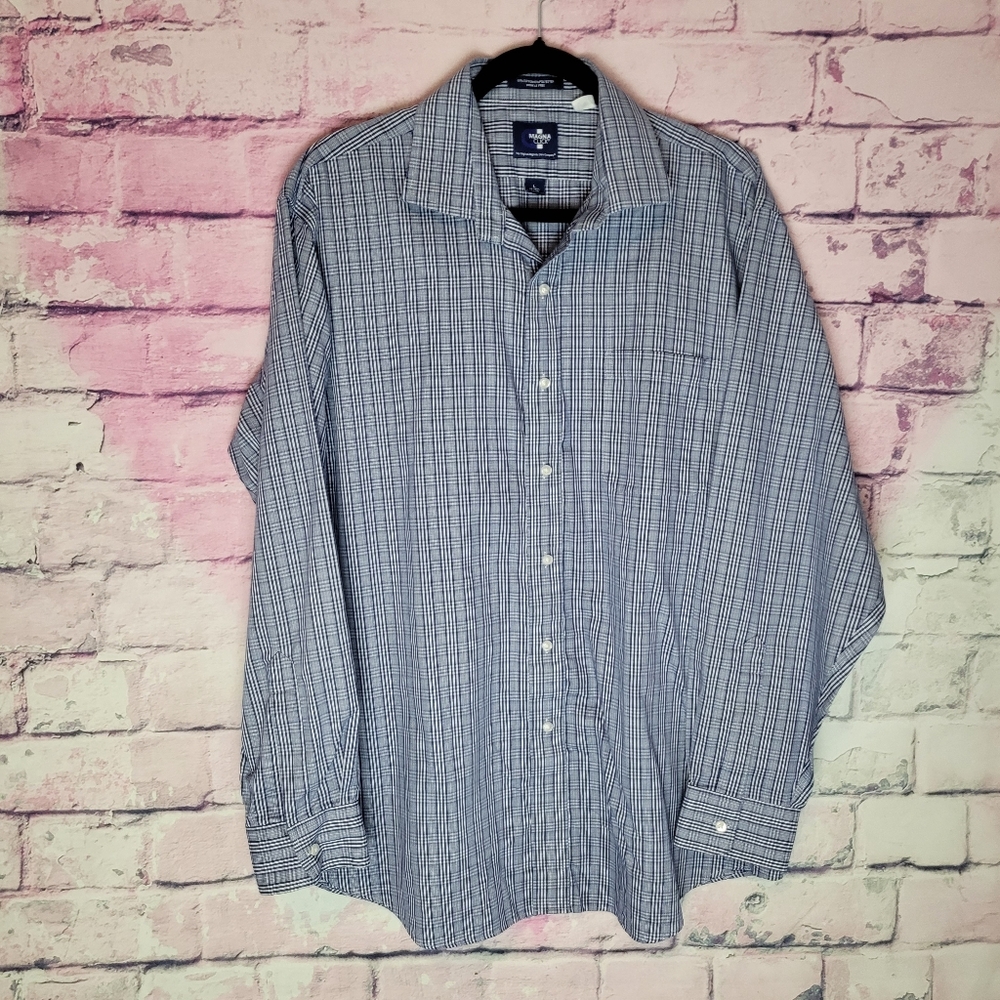 MAGNA CLICK BLUE WHITE PLAID MAGNETIC BUTTON FRONT DRESS SHIRT LARGE